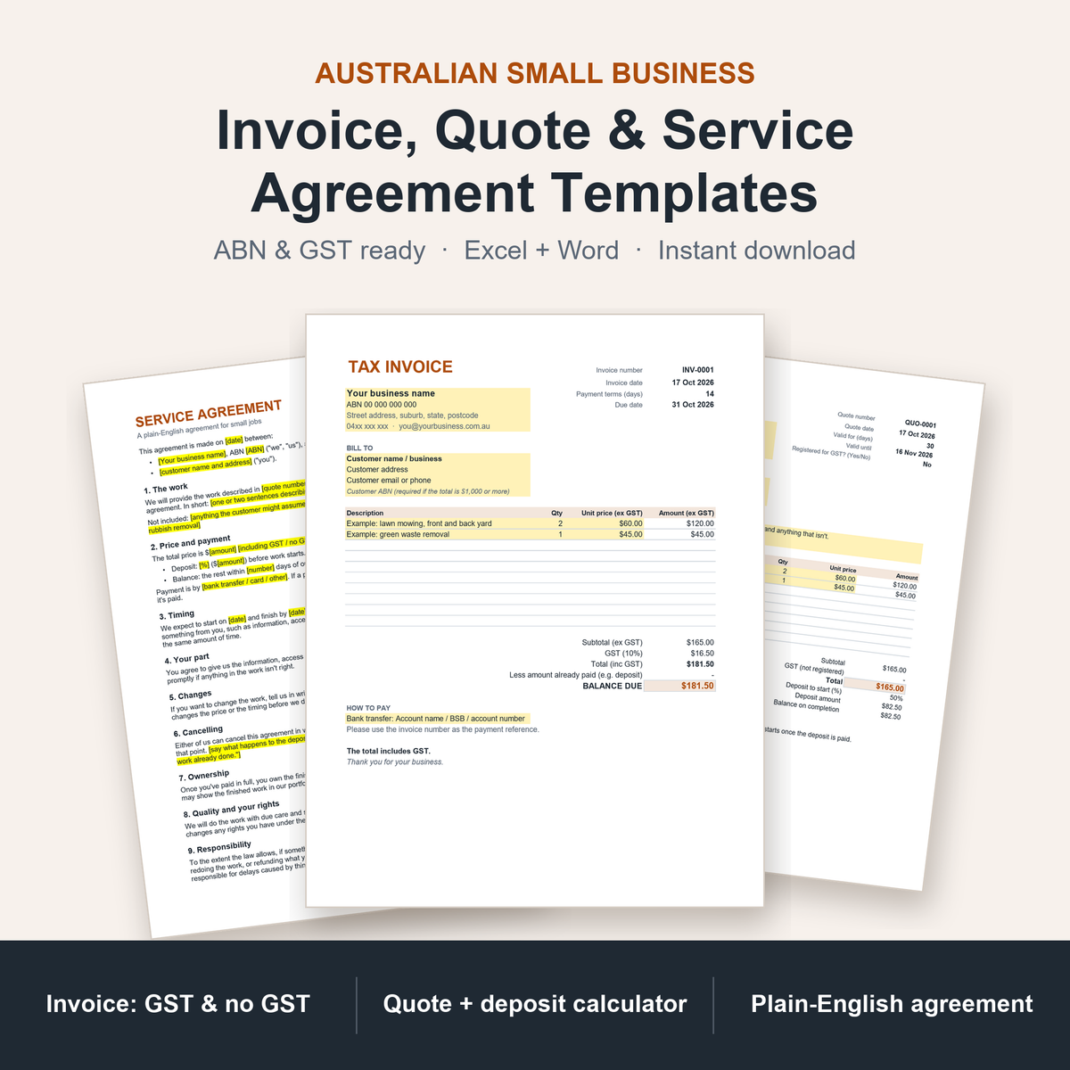 Australian Invoice, Quote & Service Agreement Templates